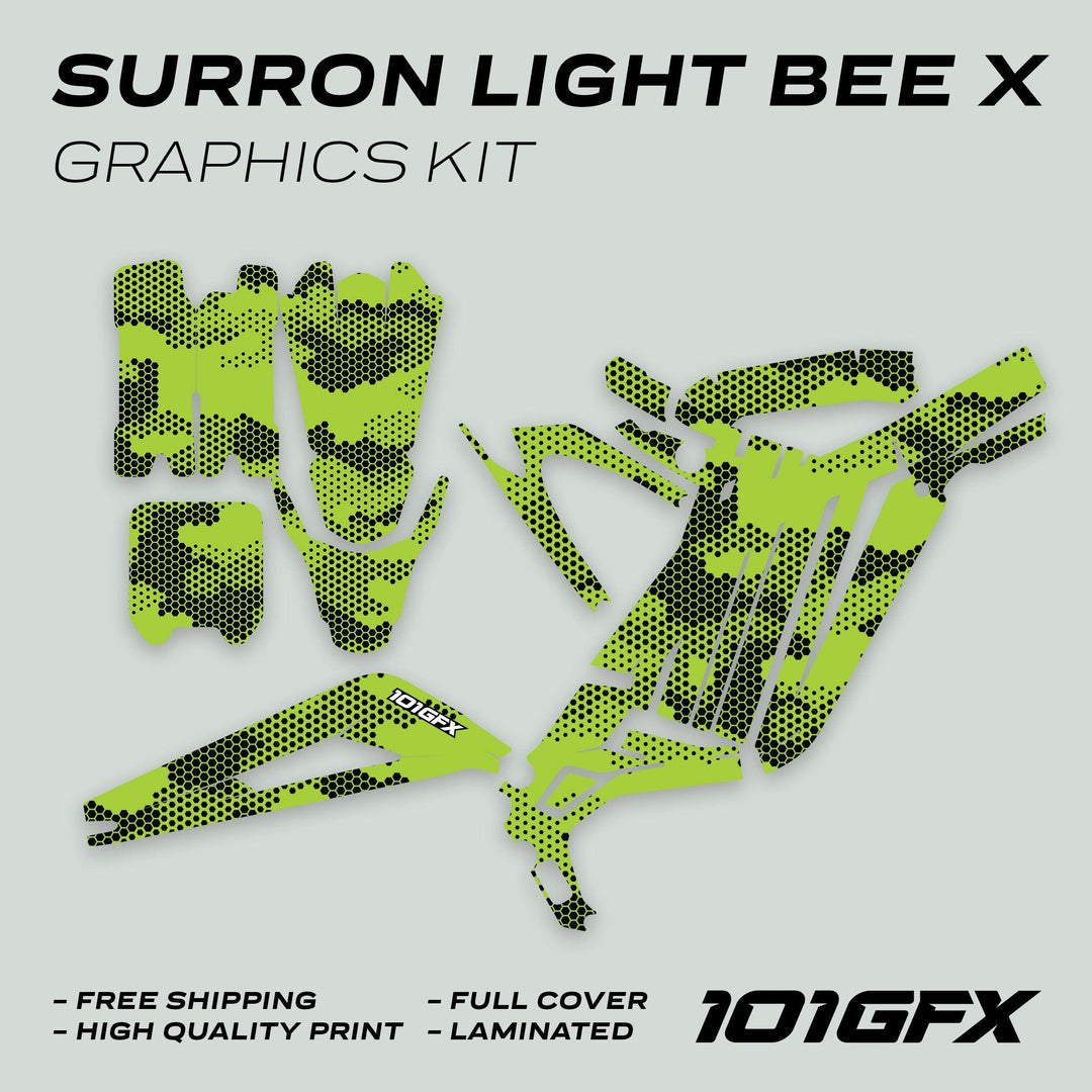 Surron Light Bee X Graphics Kit HEXOCAM Green, die-cut vinyl decals in hex-dot camo pattern, full-coverage, laminated, high-quality print, by 101GFX.