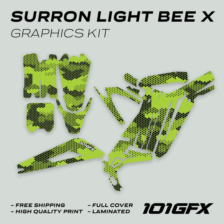 Surron Light Bee X Graphics Kit HEXOCAM Green, die-cut vinyl decals in hex-dot camo pattern, full-coverage, laminated, high-quality print, by 101GFX.