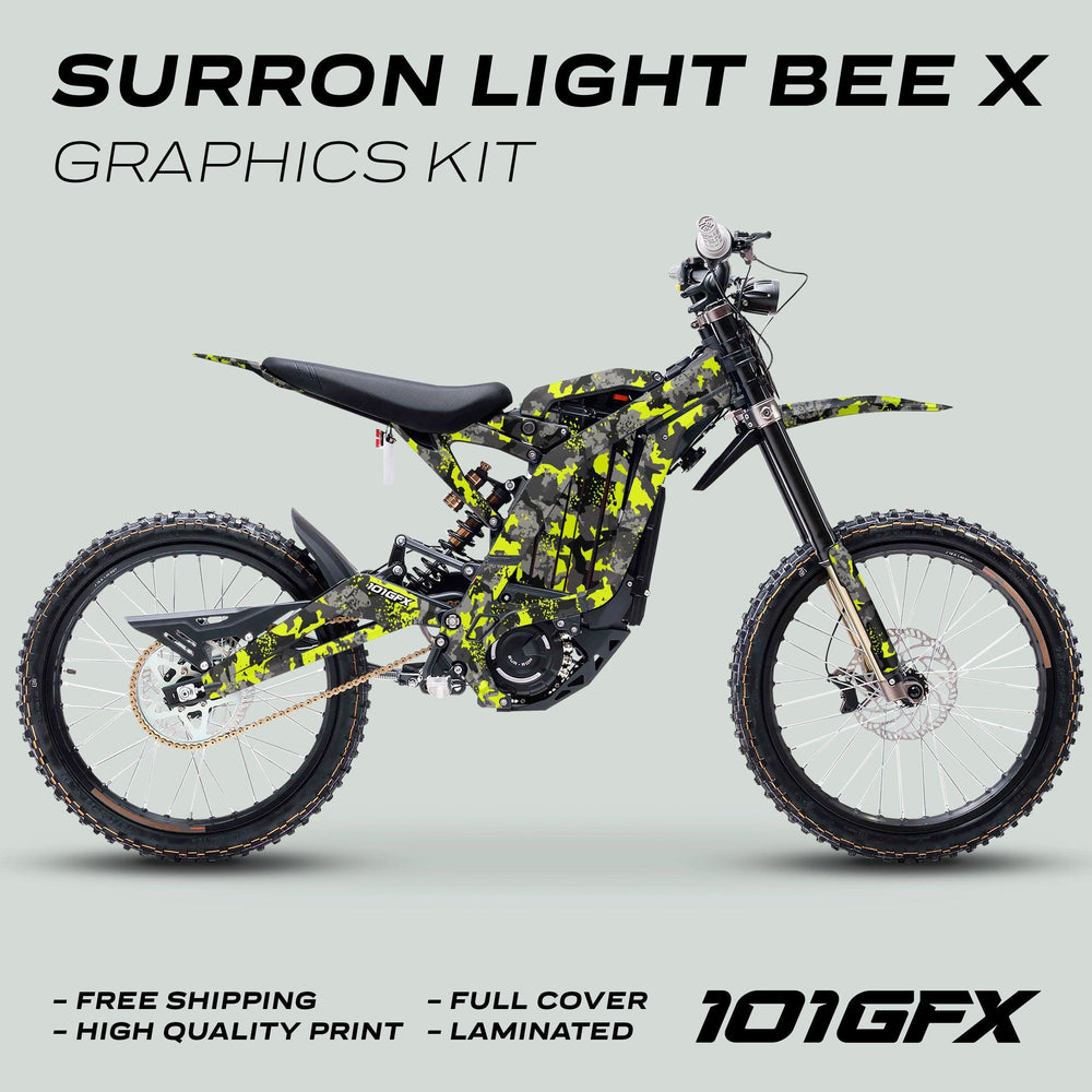 SurRon Light Bee X Graphics Kit SPLAT CAMO Green on an electric dirt-bike, showcasing its glossy, camo-patterned decals for stylish protection and durability.