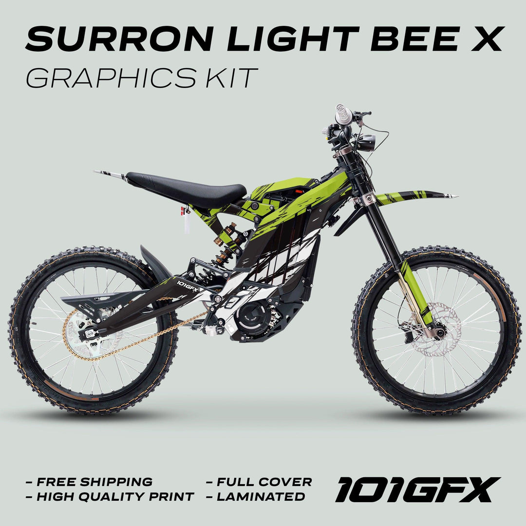 Surron Light Bee X Graphics Kit SLICE BLACK Green displayed on an electric dirt bike, highlighting free shipping, high-quality print, full cover, and laminated features.