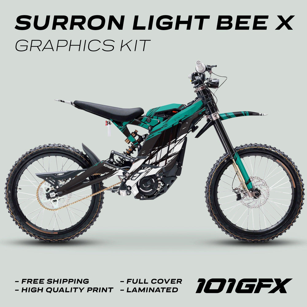 Surron Light Bee X Graphics Kit SLICE BLACK Mint shown in teal-and-black, highlighting durability, easy installation, and distinctive design, with free shipping and full-cover lamination.