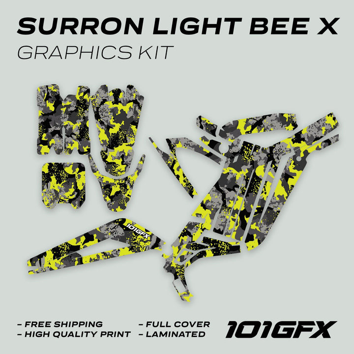 Surron Light Bee X Graphics Kit SPLAT CAMO Green decals in yellow, black, gray pattern, featuring laminated, high-quality vinyl for durability and custom fit.