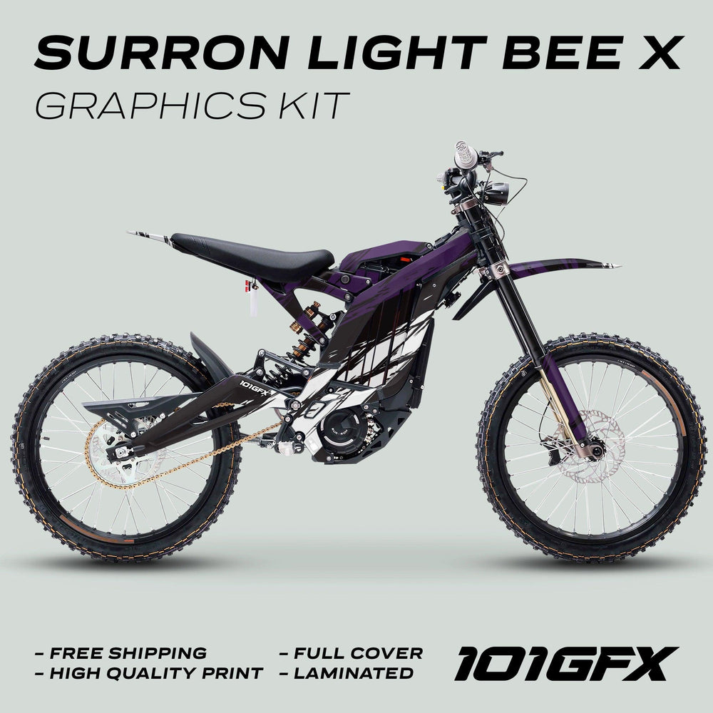 Surron Light Bee X Graphics Kit SLICE BLACK Purple shown in mock-up with full-coverage design, featuring glossy laminated stickers and promoting high quality and free shipping.