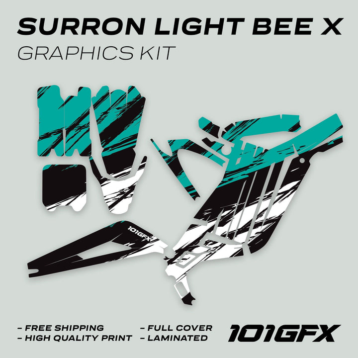 Surron Light Bee X Graphics Kit SLICE BLACK Mint; includes teal, black, and white vinyl decals for bike parts with features like easy installation and high-quality materials.