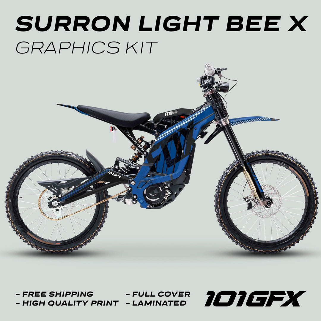 Surron Light Bee X Graphics Kit FOX DUST Blue Black displayed on an off-road bike, featuring blue-black decals with checkered accents and marketing highlights.