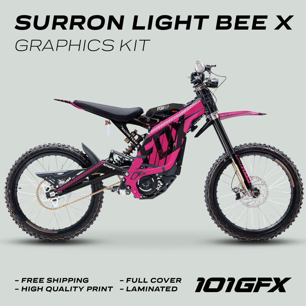 Surron Light Bee X Graphics Kit FOX DUST Pink Black, showcasing pink-black decals with checkerboard accents, highlights durability, glossy finish, perfect fit, and customizable style.