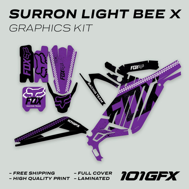 Surron Light Bee X Graphics Kit FOX DUST Purple Black displayed with decals for fenders and panels, highlighting features like durability, easy installation, and stylish design.