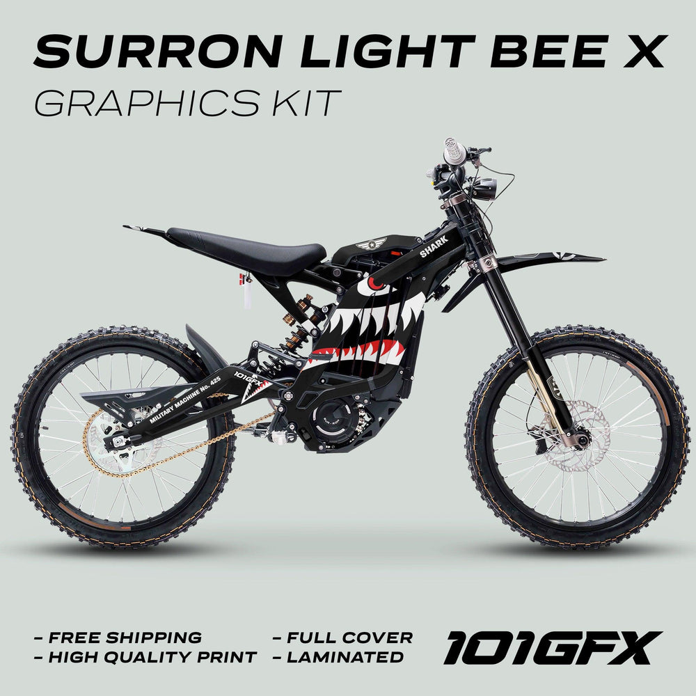 Surron Light Bee X Graphics Kit MILITARY SHARK Black on bike, showcasing shark-mouth decal. Highlights: free shipping, full cover, quality print, laminated finish.