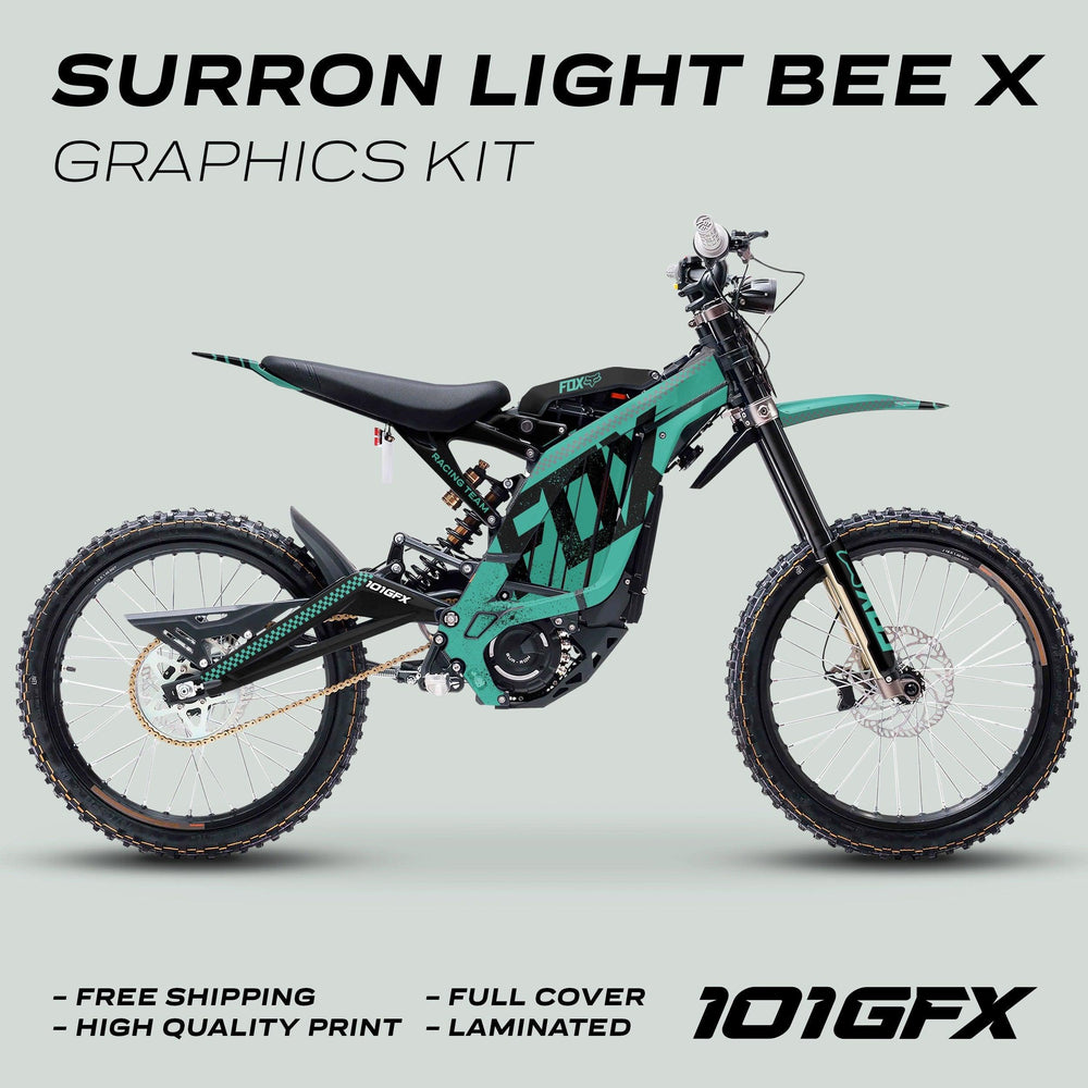 Surron Light Bee X Graphics Kit FOX DUST Mint Black on an electric bike, featuring a teal-black design, high-quality print, and full cover for stylish customization.