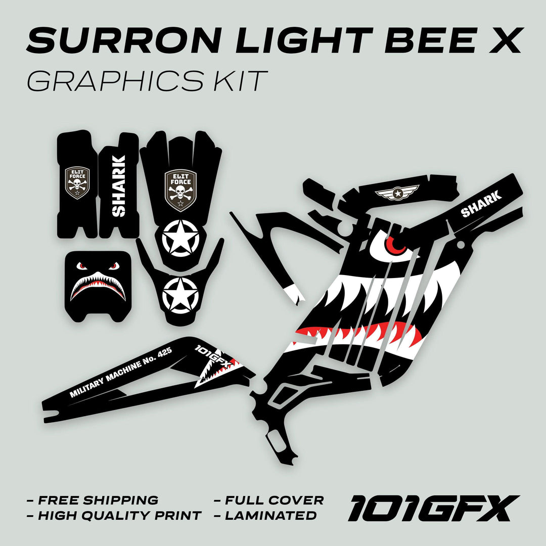 Surron Light Bee X Graphics Kit MILITARY SHARK Black, featuring skull-&-wings, shark motifs, and military-themed decals, laid out for a complete e-dirt bike transformation.