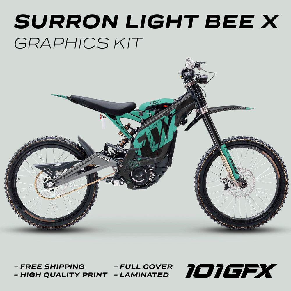 Surron Light Bee X Graphics Kit FOX DUST Black Mint on bike, showcasing black-and-teal decals, highlighting free shipping, high quality, full cover, and laminated.