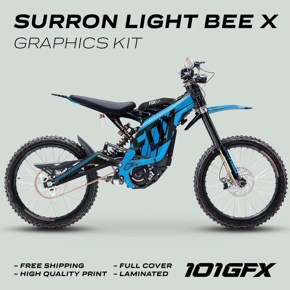 Surron Light Bee X Graphics Kit FOX DUST Cyan Black displayed with custom blue-and-black design, highlighting free shipping, durability, and a glossy finish. 101GFX logo included.