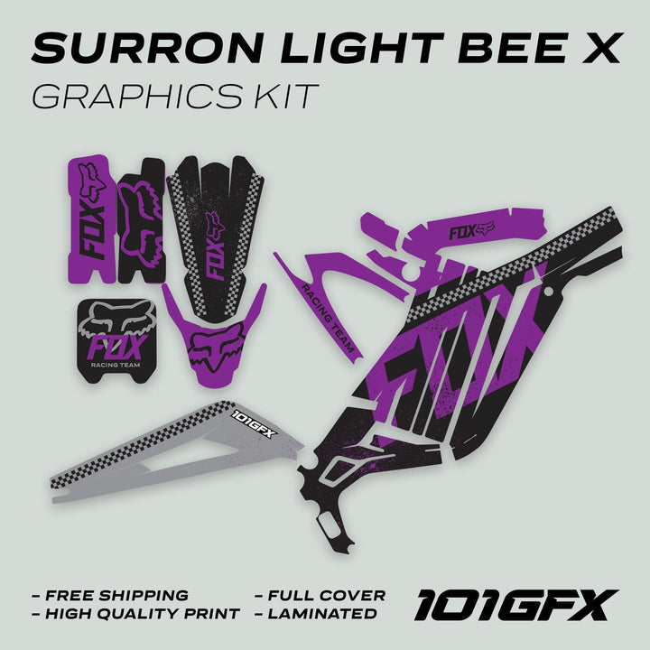 Surron Light Bee X Graphics Kit FOX DUST Black Purple, featuring die-cut decals for frame panels and fork guards, branded with FOX Racing logo and checkerboard accents.