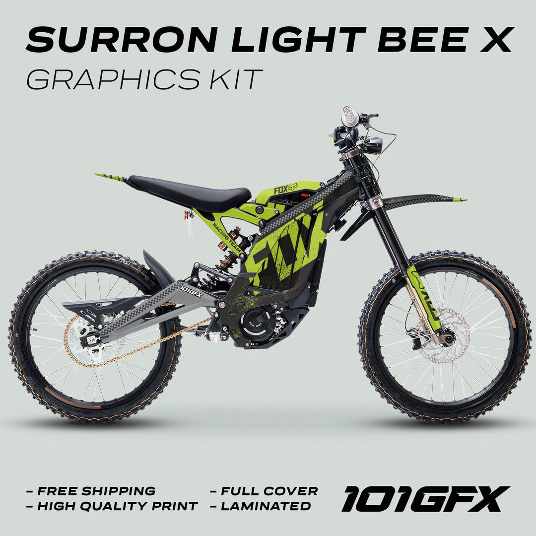 Surron Light Bee X Graphics Kit FOX DUST Black Green, featuring neon-green and black decals, offering full-coverage, high-quality, laminated prints for an enhanced bike aesthetic.