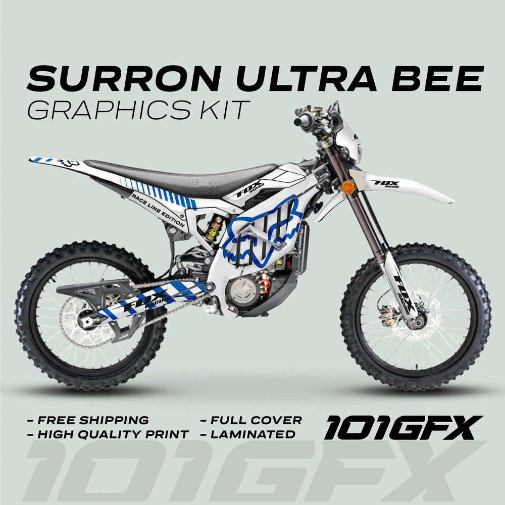 Surron Ultra Bee Graphics Kit FOX RACE LINE White Blue on electric dirt-bike, showcasing blue/black stripes; features free shipping, full cover, durable, laminated decals.