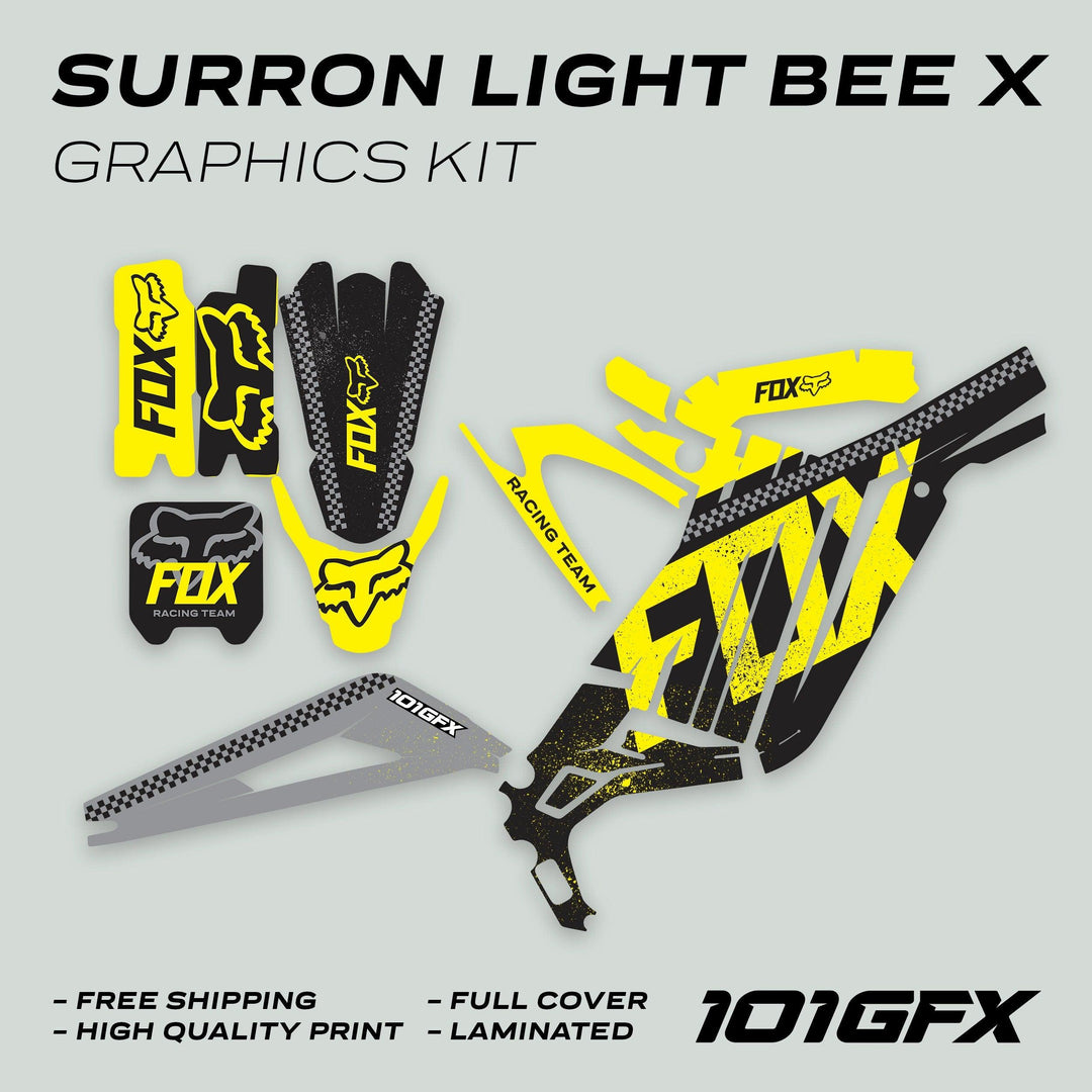 Surron Light Bee X Graphics Kit FOX DUST Black Yellow featuring durable vinyl pieces with FOX logos, checkered accents, and free shipping offer.