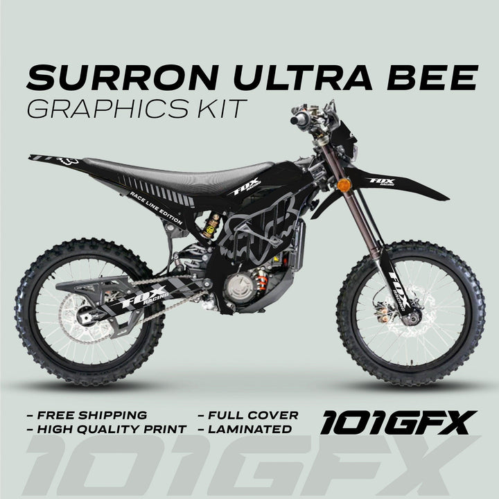 Surron Ultra Bee Graphics Kit FOX RACE LINE Black Grey featuring custom black/gray FOX-style logos, highlighting high-quality, full-cover, laminated design with free shipping.