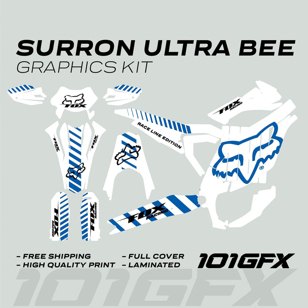 Surron Ultra Bee Graphics Kit FOX RACE LINE White Blue, featuring die-cut stickers with bold blue stripes, Fox Racing logos, and benefits like free shipping and laminated finish.