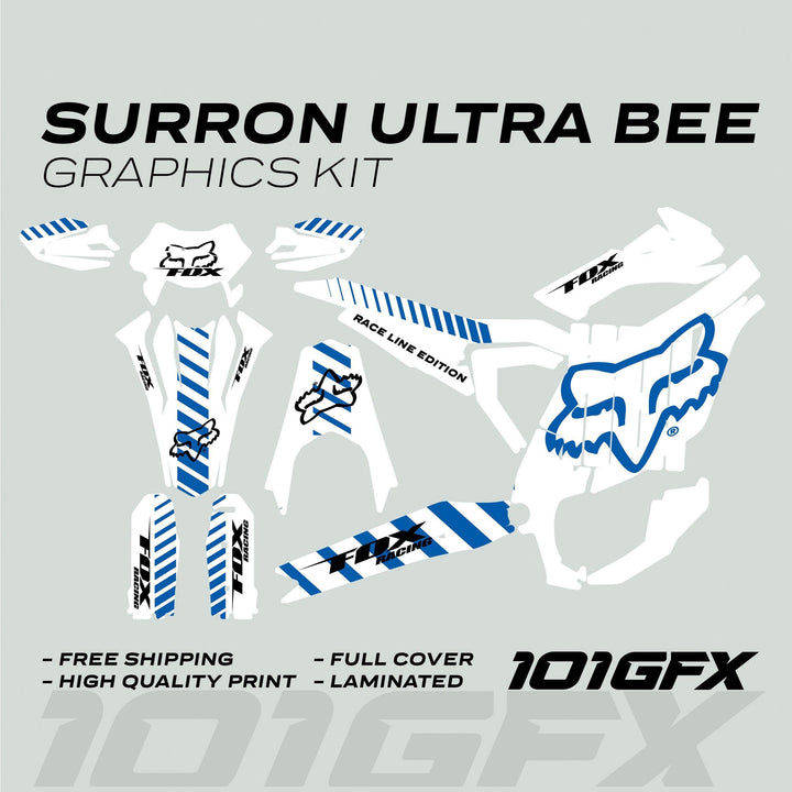 Surron Ultra Bee Graphics Kit FOX RACE LINE White Blue, featuring die-cut stickers with bold blue stripes, Fox Racing logos, and benefits like free shipping and laminated finish.
