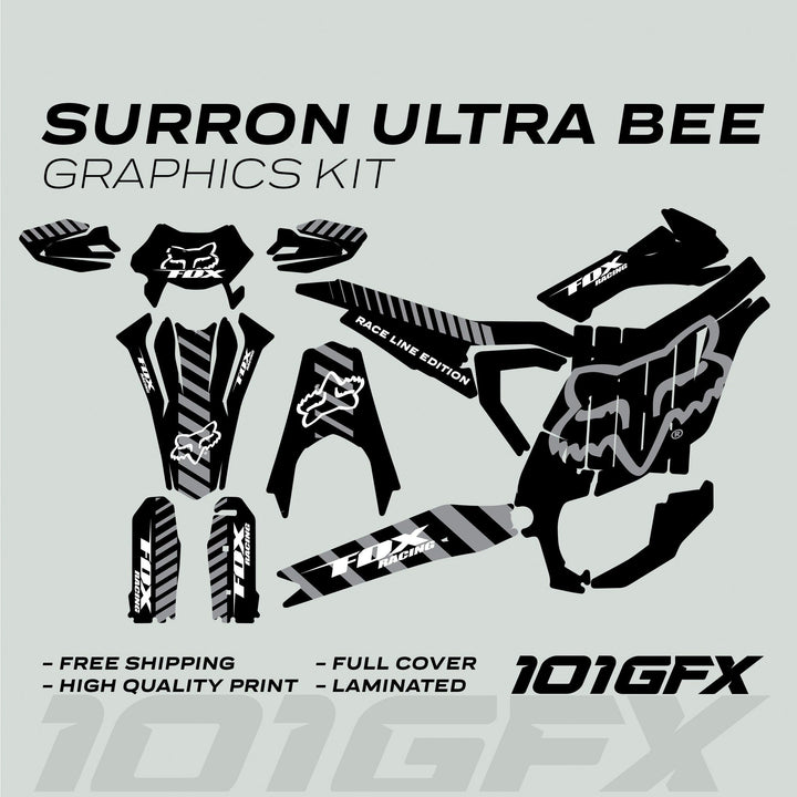 Surron Ultra Bee Graphics Kit FOX RACE LINE Black Grey with Fox Racing decals, laminated, full coverage, highlighting durability and easy fit for electric dirt bike.