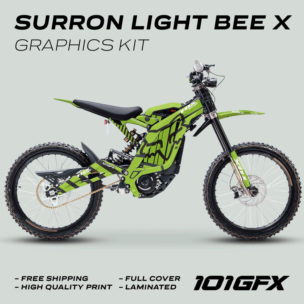 Surron Light Bee X Graphics Kit FOX RACE LINE Green Black applied on a bike, showcasing bright green/black decals. Includes features: full cover, laminated, free shipping, high-quality print.