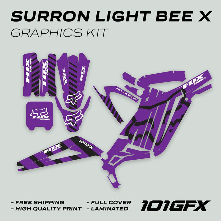 Surron Light Bee X Graphics Kit FOX RACE LINE Purple Black featuring full vinyl decal set with Fox Racing logos for enhanced durability and style on e-dirt bike.