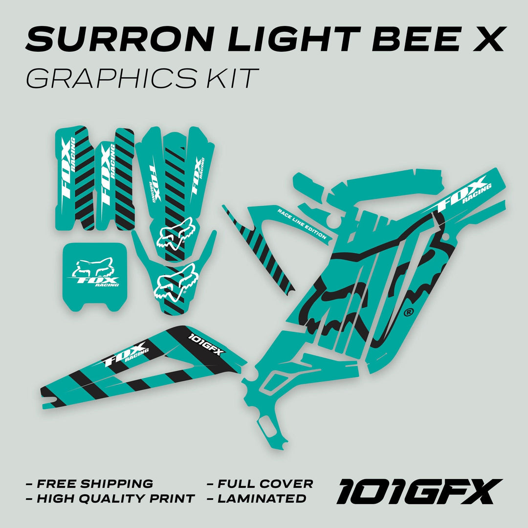 Surron Light Bee X Graphics Kit FOX RACE LINE Mint Black, featuring teal-and-black decals with Fox Racing logos, designed for durability and a seamless fit on bike panels.