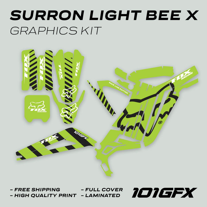 Surron Light Bee X Graphics Kit FOX RACE LINE Green Black, featuring bright Fox Racing-style decals, die-cut vinyl pieces for fenders, side panels, and fork guards.