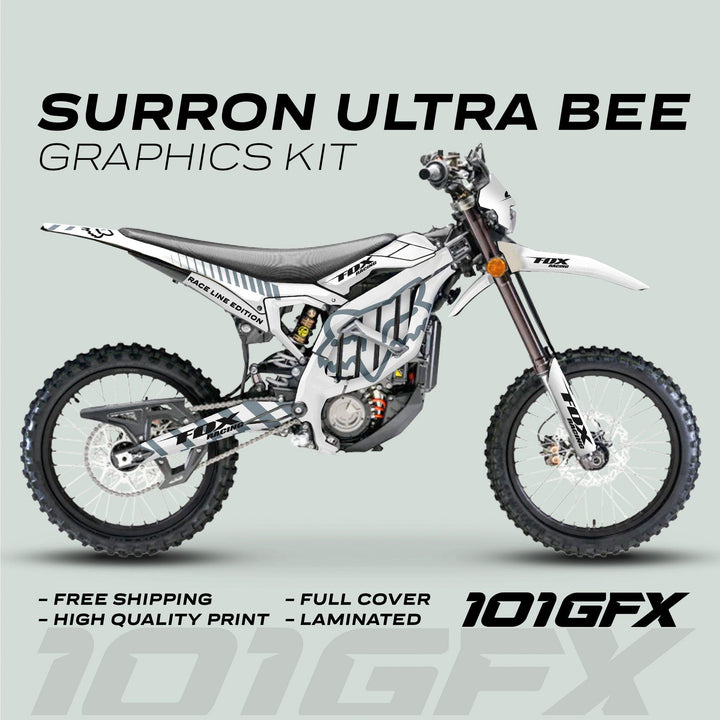Surron Ultra Bee Graphics Kit FOX RACE LINE White Grey displayed on a bike, highlighting features like full coverage, high quality print, and lamination.
