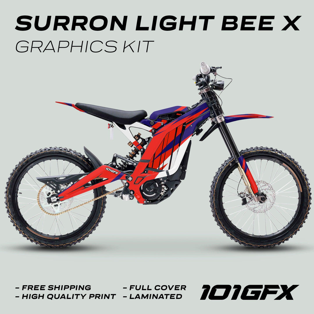 Surron Light Bee X Graphics Kit CRACK Blue Red on bike; features bold decals, free shipping, high-quality print, full cover, laminated, by 101GFX.