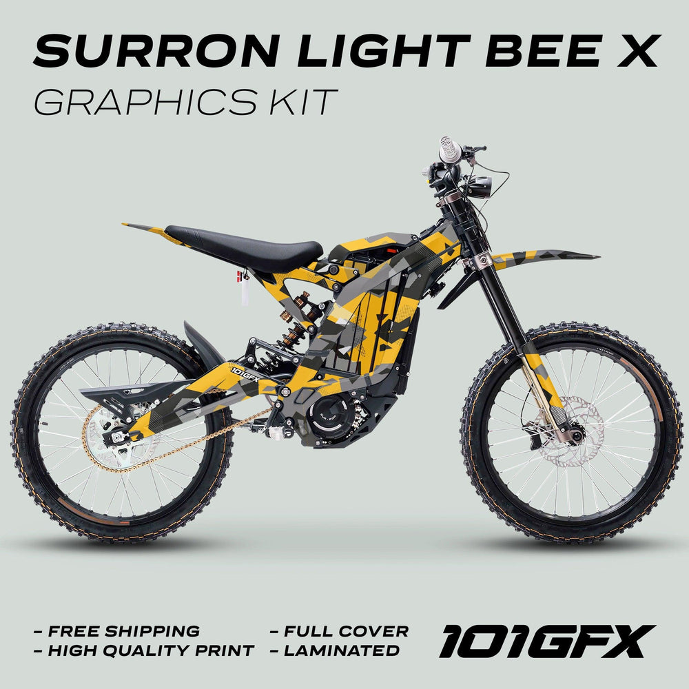 Surron Light Bee X Graphics Kit GEOTECH YELLOW on bike, featuring yellow, gray, black camo wrap; highlights include free shipping, high quality, full cover, laminated by 101GFX.