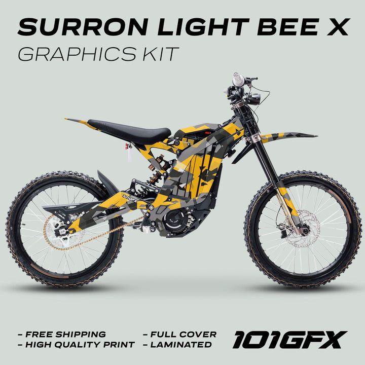 Surron Light Bee X Graphics Kit GEOTECH YELLOW on bike, featuring yellow, gray, black camo wrap; highlights include free shipping, high quality, full cover, laminated by 101GFX.