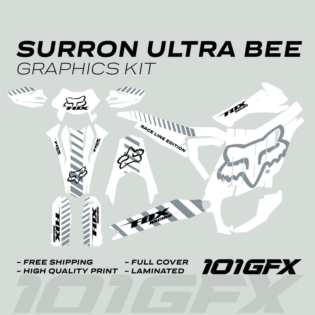Surron Ultra Bee Graphics Kit FOX RACE LINE White Grey: high-quality, durable decals featuring Fox Racing logos, designed for precise fit on bike parts with glossy, laminated finish.