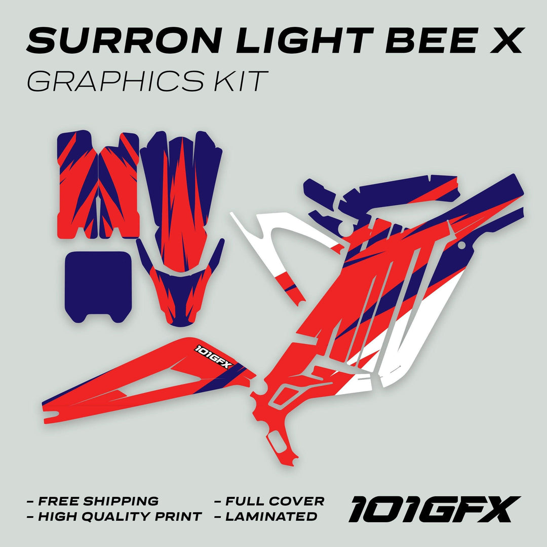 Surron Light Bee X Graphics Kit CRACK Blue Red decals laid out, showcasing free shipping, high-quality print, full-cover, laminated features, and the 101GFX logo.