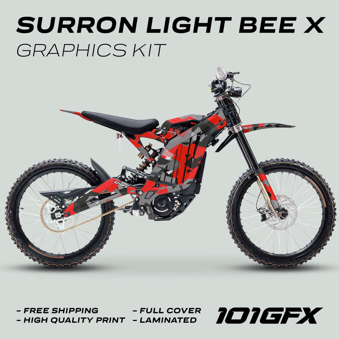 Surron Light Bee X Graphics Kit GEOTECH RED in camouflage style, showcasing sleek design and durability, with free shipping and high-quality print features.