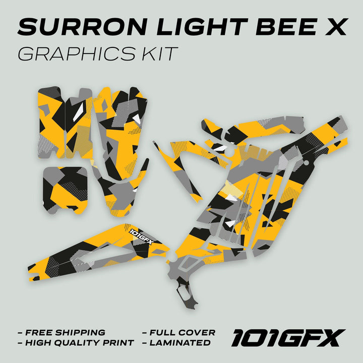 Surron Light Bee X Graphics Kit GEOTECH YELLOW, featuring vinyl-cut pieces in camo pattern, includes fender covers, side panels, swingarm decal; highlights: free shipping, high quality, laminated.