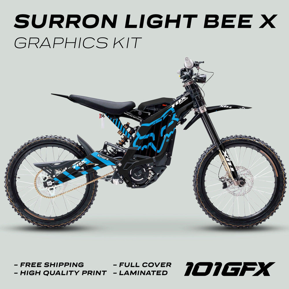 Surron Light Bee X Graphics Kit FOX RACE LINE Black Blue displayed, showcasing custom blue-and-black decals on the bike, highlighting free shipping, high-quality print, full cover, laminated.