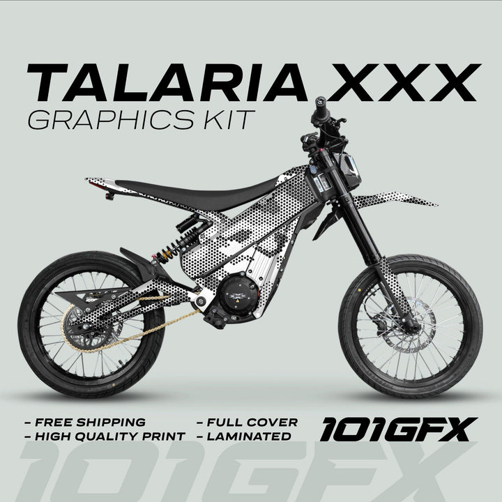 Talaria XXX Graphics Kit HEXOCAM White on an electric off-road bike, showcasing a halftone-style decal wrap with features like Free Shipping and Laminated.