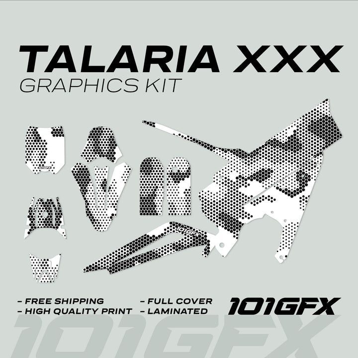 Talaria XXX Graphics Kit HEXOCAM White displayed flat, showing black-and-white halftone/camo decals for full vehicle coverage, emphasizing style, protection, and easy application.