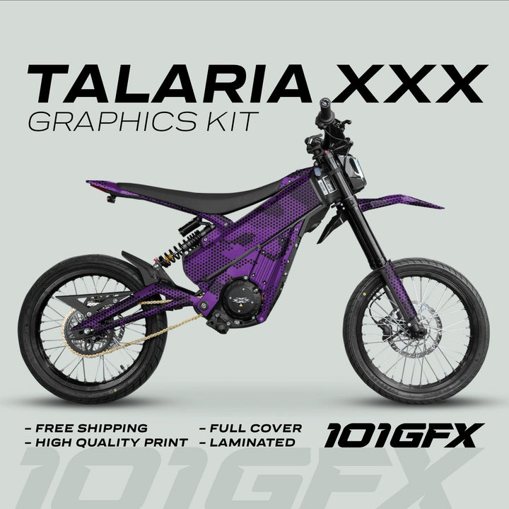 Talaria XXX Graphics Kit HEXOCAM Purple on an electric off-road motorcycle, showcasing full-coverage, laminated hex-pattern decals with features like high-quality print and free shipping.