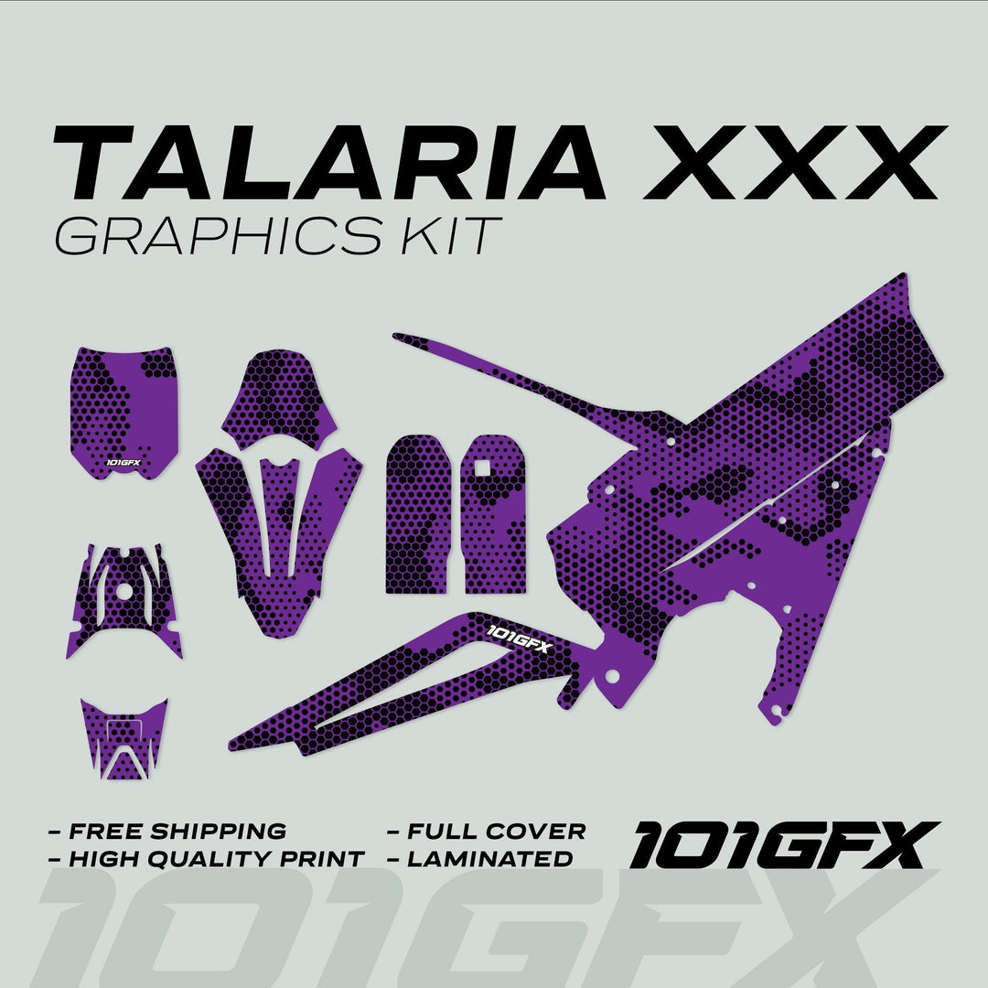 Talaria XXX Graphics Kit HEXOCAM Purple: Purple hexagon-patterned decals for bike plastics, featuring full coverage, high-quality print, and lamination. Includes free shipping.