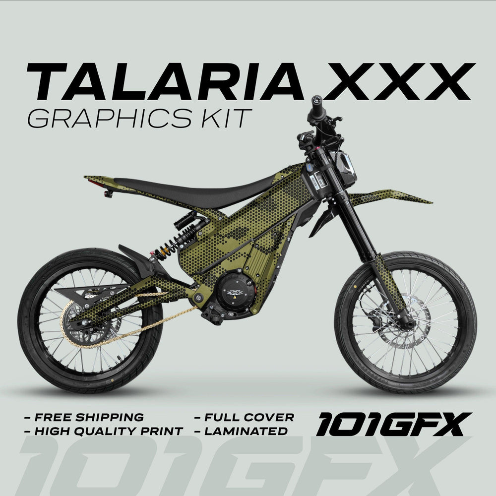 Talaria XXX Graphics Kit HEXOCAM Olive on bike; olive-green honeycomb-dot pattern with text: Free Shipping, High Quality Print, Laminated, Full Cover, 101GFX logo.