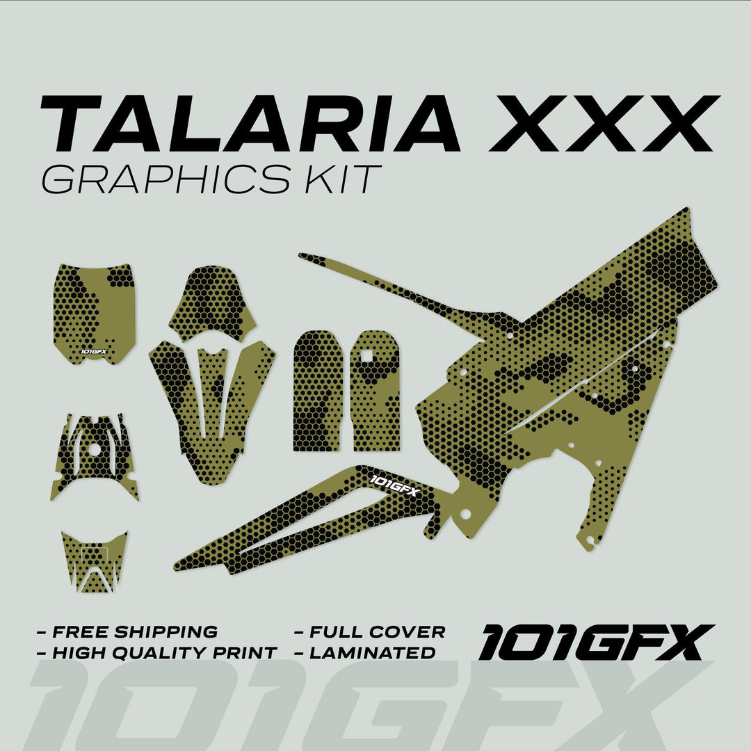 Talaria XXX Graphics Kit HEXOCAM Olive features pre-cut, laminated vinyl pieces in a camouflage pattern, highlighting durability, easy installation, and free shipping.