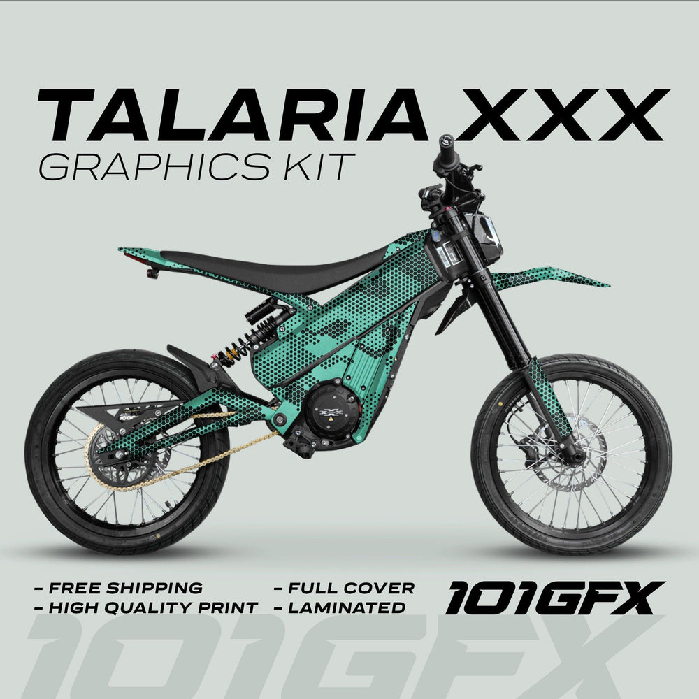 Talaria XXX Graphics Kit HEXOCAM Mint on a teal-black motorcycle, highlighting its unique hexagon pattern, free shipping, high-quality print, full cover, and laminated protection.
