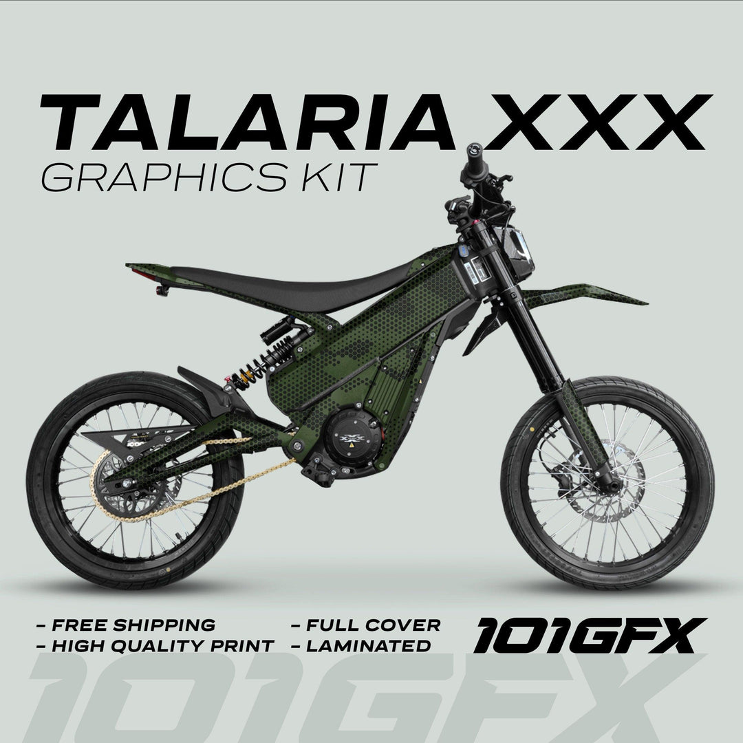 Talaria XXX Graphics Kit HEXOCAM Green on an electric off-road motorcycle, featuring a green/black hex-pattern, full coverage, and high-quality, durable material for protection and style.
