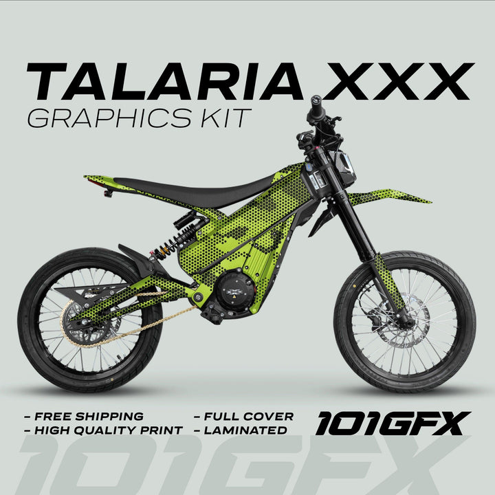 Talaria XXX Graphics Kit HEXOCAM Green on electric dirt bike, featuring green-and-black dot-pattern decal, free shipping, high-quality print, full cover, laminated.