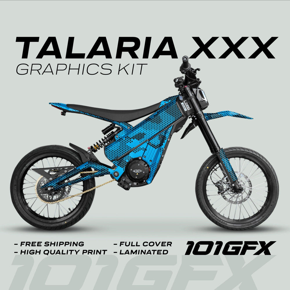 Talaria XXX Graphics Kit HEXOCAM Cyan on e-bike, featuring blue-black halftone design. Highlights: free shipping, high-quality, full cover, laminated. Brand: 101GFX.