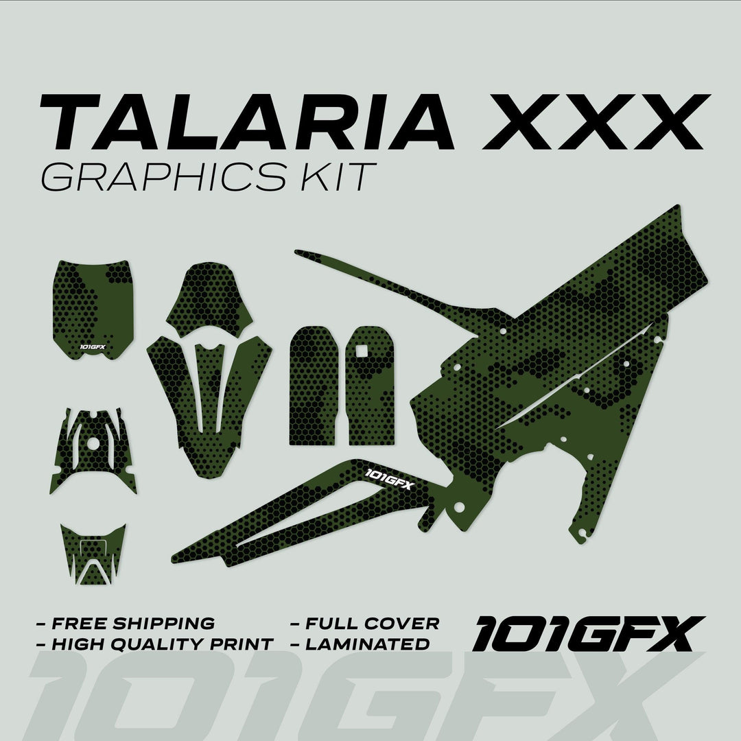 Talaria XXX Graphics Kit HEXOCAM Green showing army-green, black-dotted decals for fork guards, shrouds, swingarm covers, and more, emphasizing style and protection.