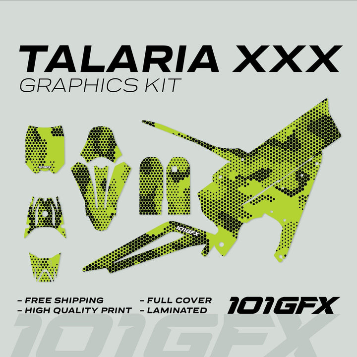 Talaria XXX Graphics Kit HEXOCAM Green decals laid out, showcasing neon-lime hexagonal pattern, with features: full cover, high quality, laminated, free shipping.