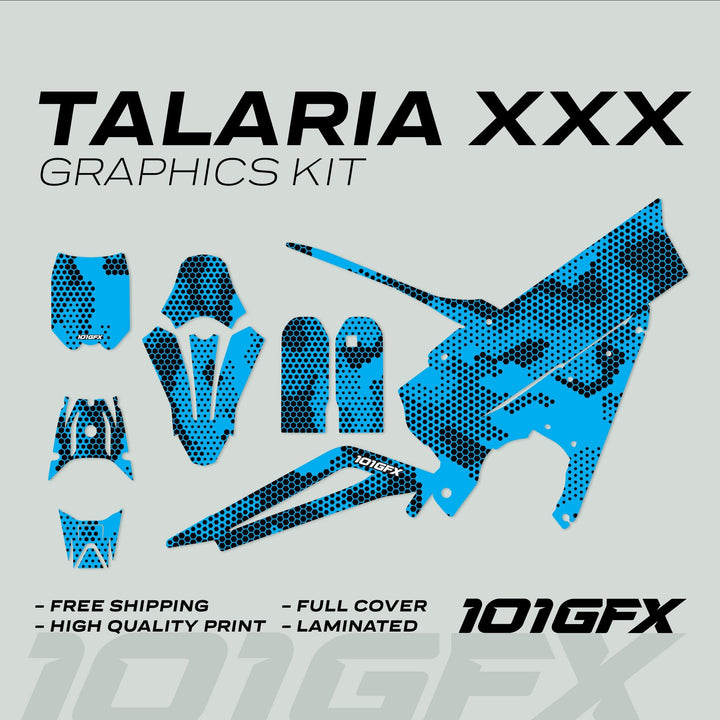 Talaria XXX Graphics Kit HEXOCAM Cyan features a blue-black halftone pattern on decals for bike parts, with free shipping, high-quality, full cover, and laminated finish.